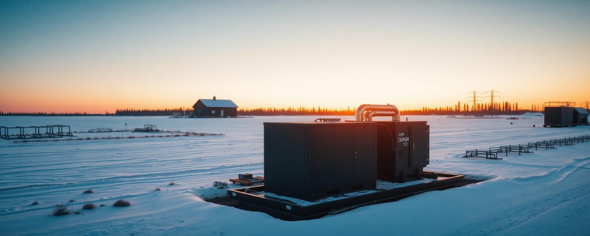 Battery storage and hydrogen equipment serving a snow-covered northern community at dawn